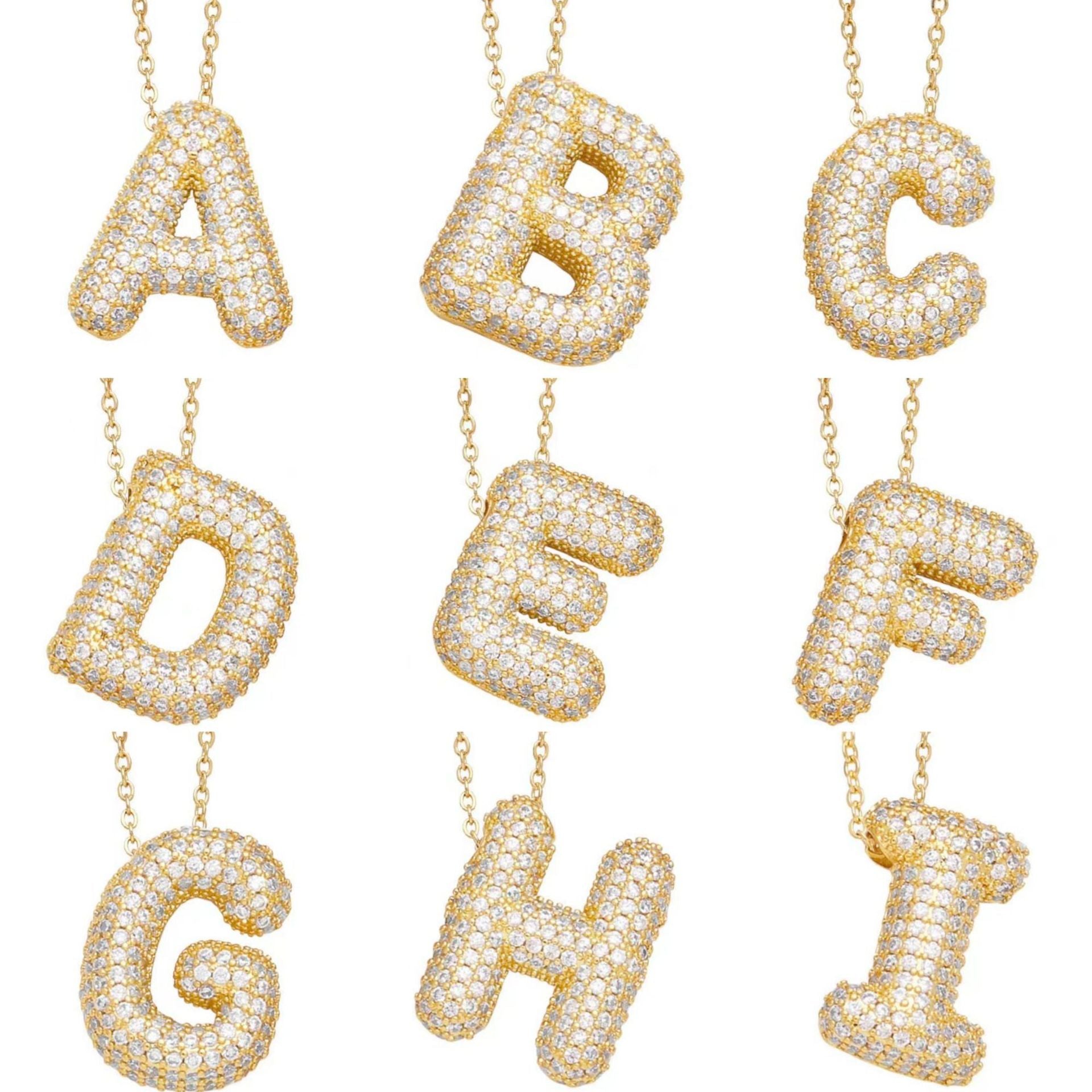 Puffed CZ Initial Necklace 18K Gold Satellite Chain