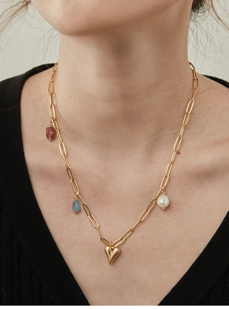 Heart & Gemstone Medley Gold Chain Necklace