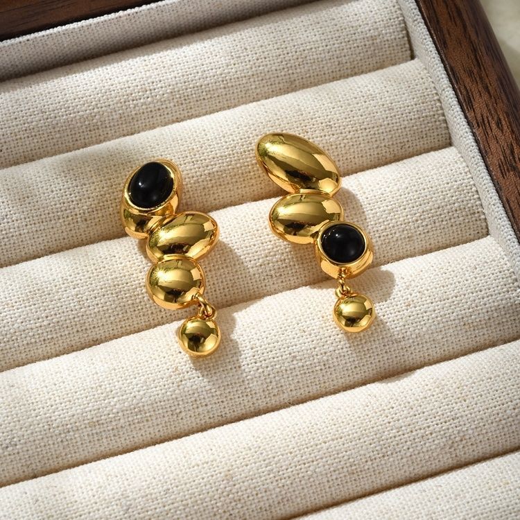 Black Agate Beanie Drop Earrings Gold
