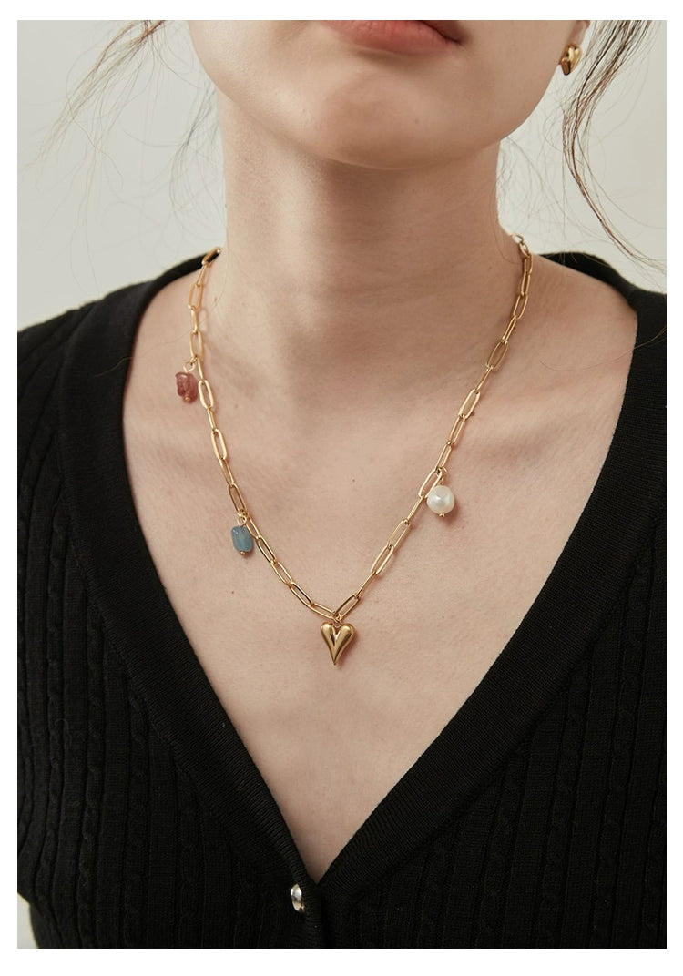 Heart & Gemstone Medley Gold Chain Necklace