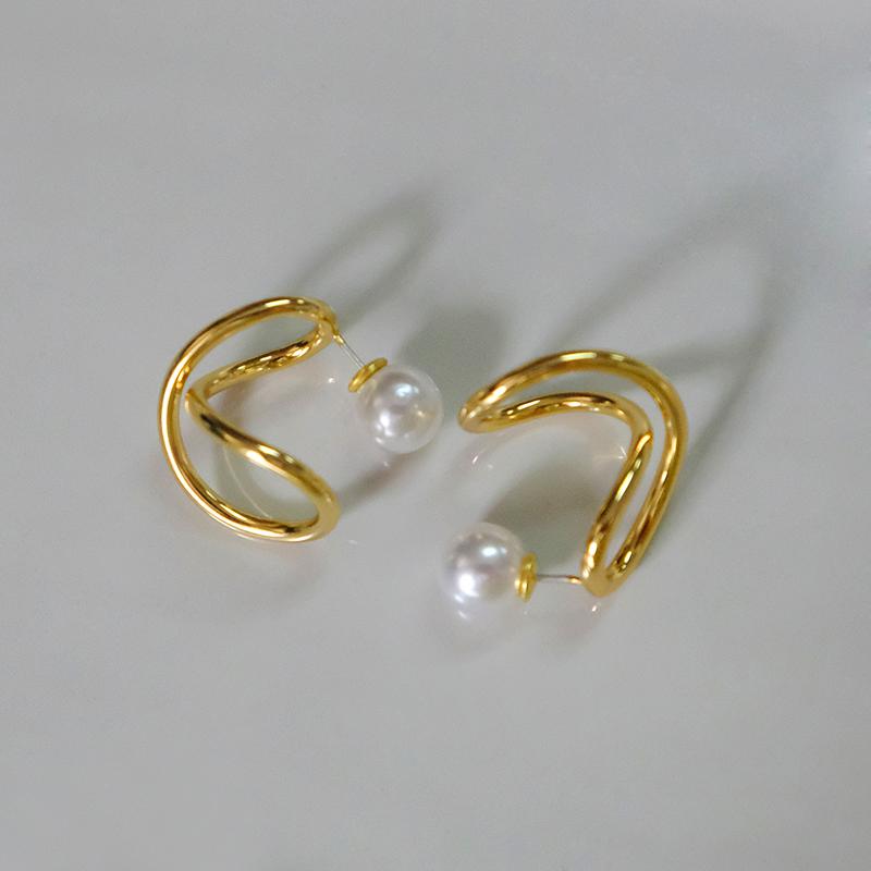 Gold Wrap Earrings, Gold Pearl Statement Earrings, Gold Pearl Back-Front Earrings