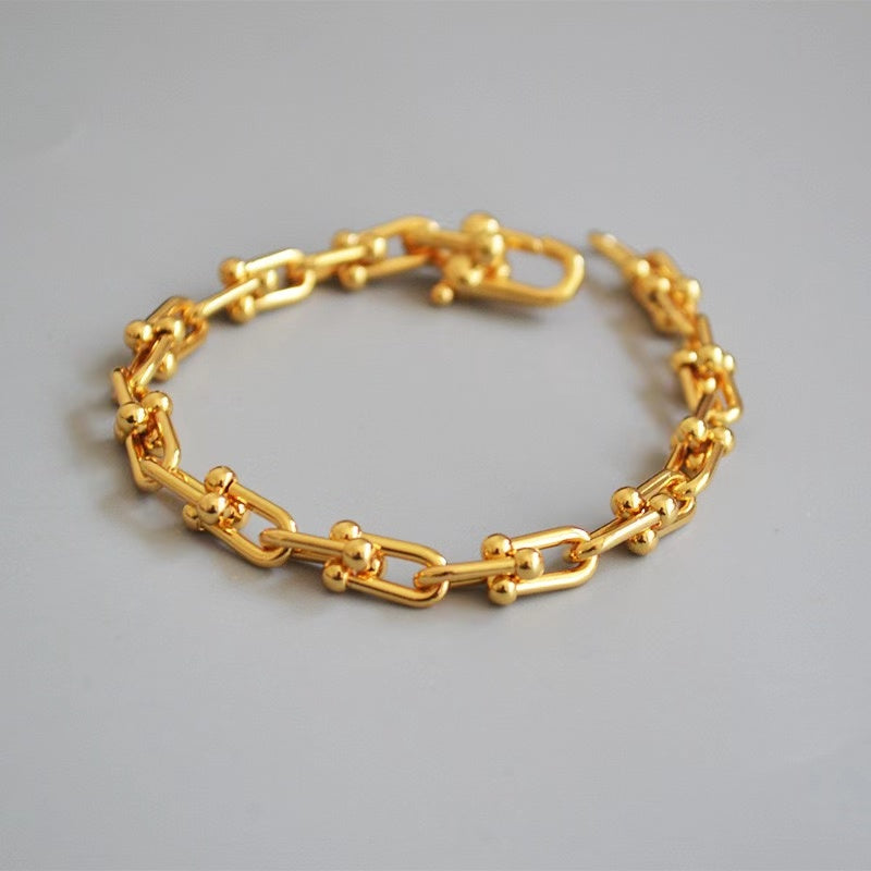 18K U Link Bracelet in Gold & Silver, Chunky Silver Link Chain Bracelet