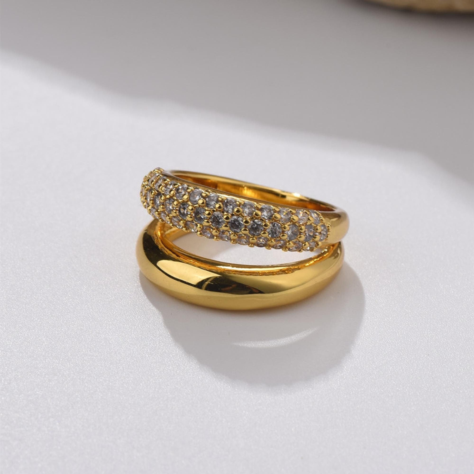 Wide Band Layered CZ Ring CZ Statement Ring, Gold Cigar Band Ring, Diamond Rhombus Ring Unisex Ring