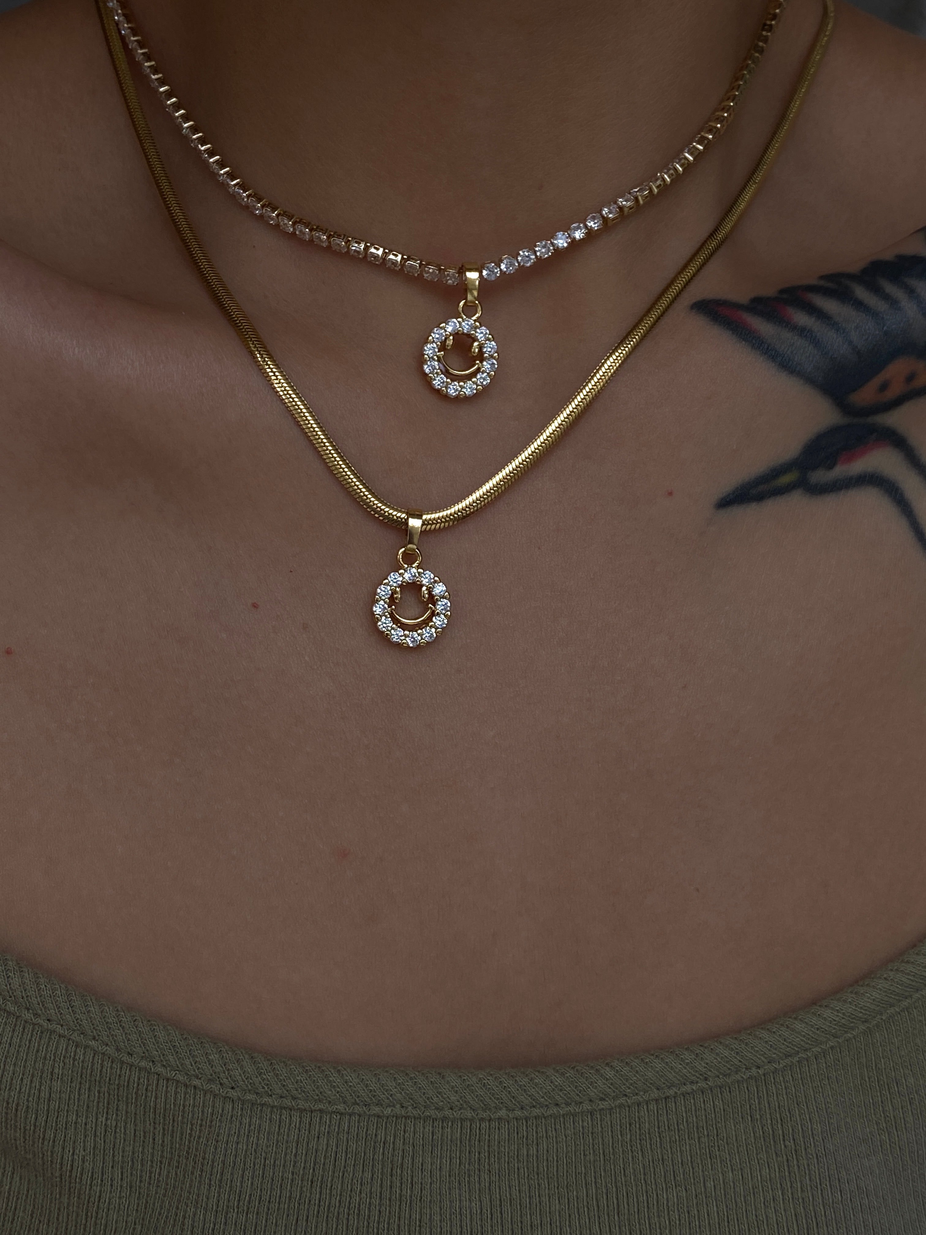 Micro Paved Smiley Pendant on Figaro/Herringbone/Rhinestone Necklace Chain
