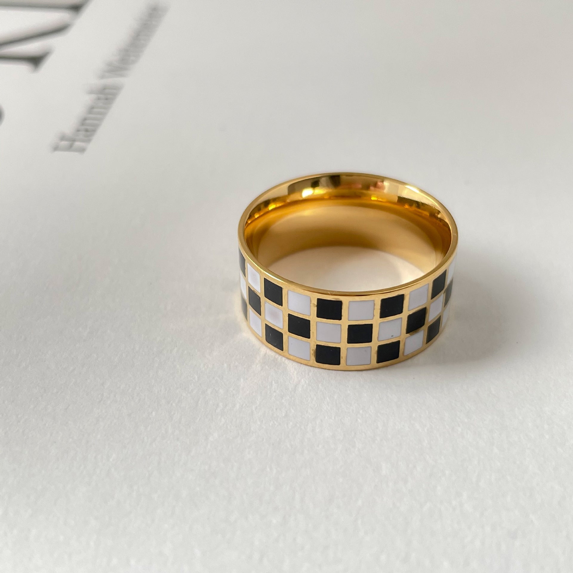 Checker Dome Ring, Slim Ring, Wide Band Ring Gold18K Titanium Steel