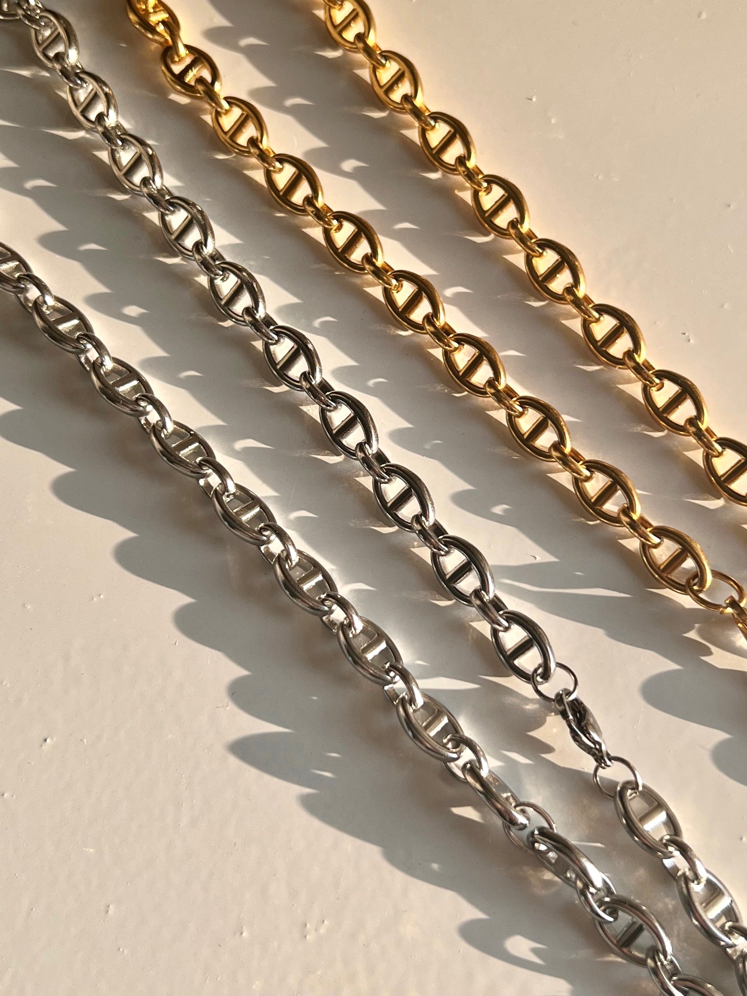 Penelope Chunky Coffee Bean Linked Chain Necklace & Bracelet 18K Gold/Silver