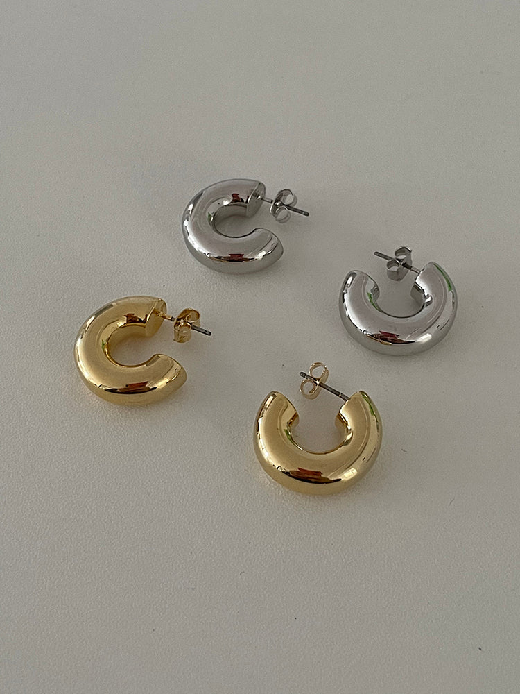 Macaroni Stud Earrings 18K Chunky Gold Silver C-Shape Earrings