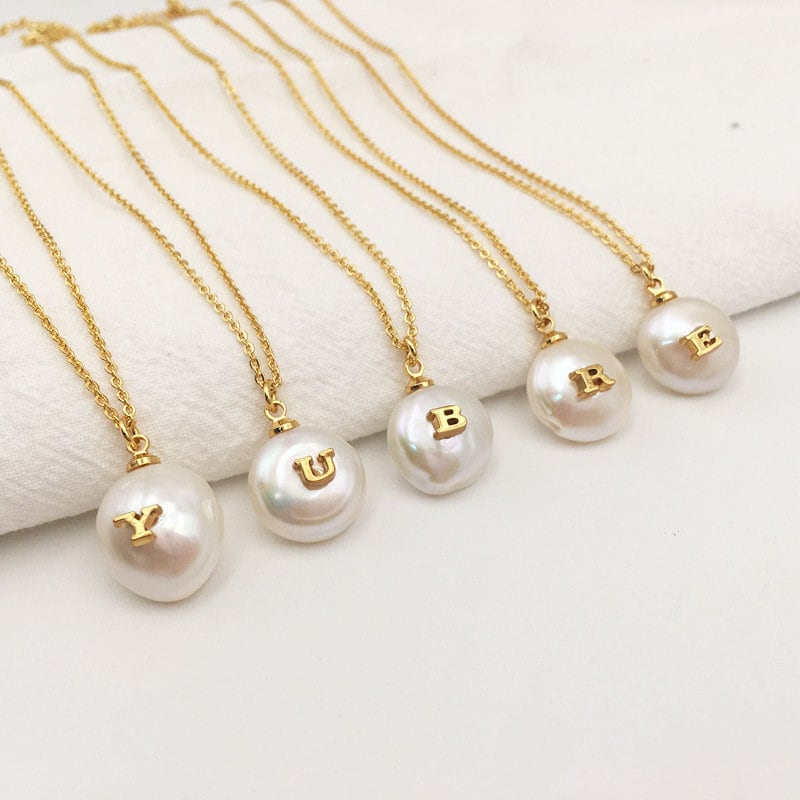Gold Pearl Initial Necklace, Custom White Pearl Necklace, Pearl Charm Herringbone Necklace